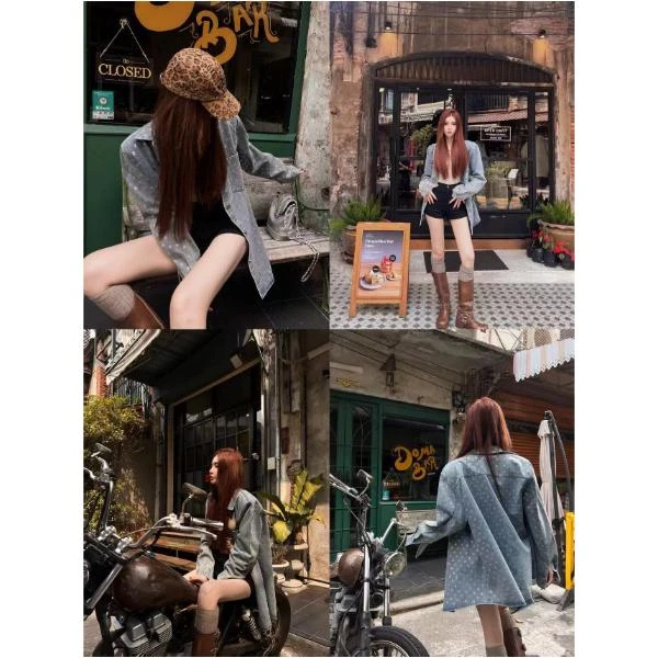 婉君【牛津腔调】春款字母烫钻牛仔衬衫外套LWJ24A1C250