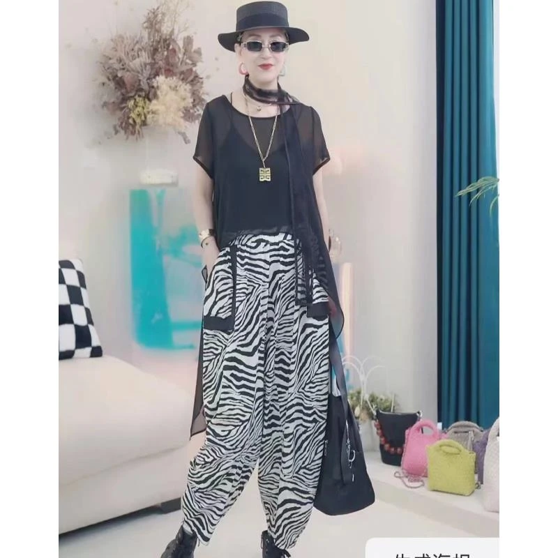爱舞夏季服饰斑马纹拼接垮裤8177气质阔腿裤宽松洋气印花时尚夏装