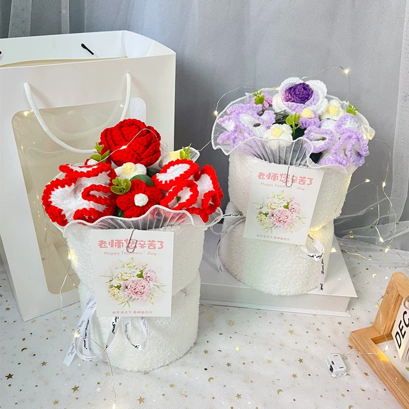 成品针织康乃馨花束玫瑰教师节礼品送老师长辈老婆的生日礼物创意