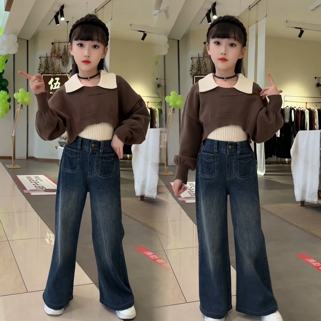 女童春秋新款韩版时髦衬衫领毛衣两件套牛仔喇叭裤阔腿中大童套装