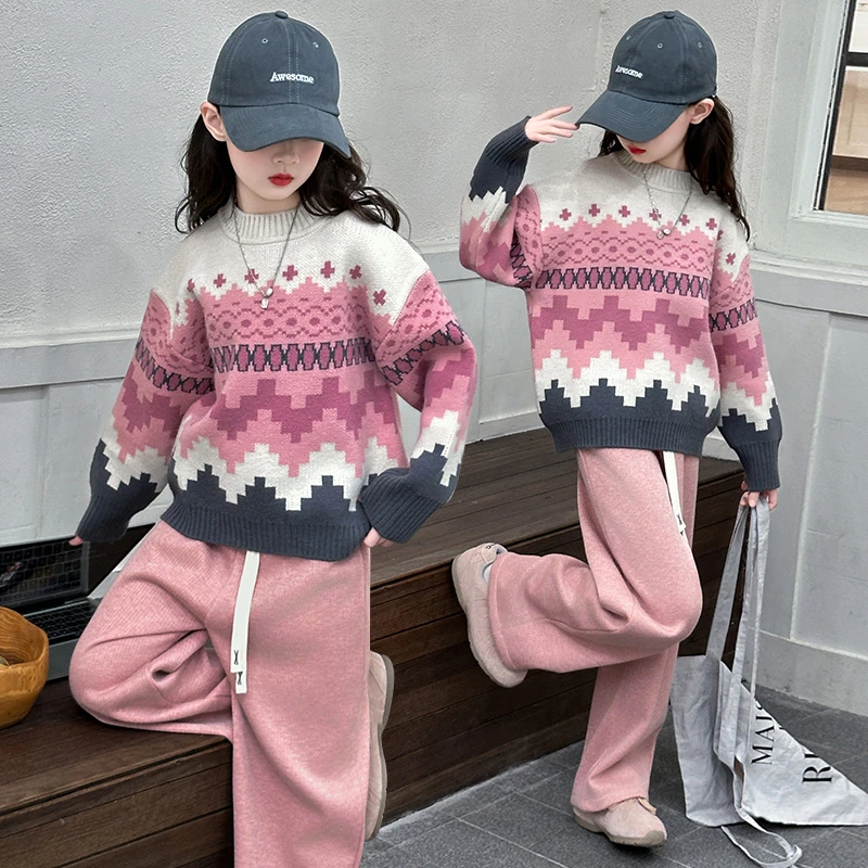 女童加绒套装秋冬款2024新款儿童冬装女孩冬季保暖休闲毛衣两件套