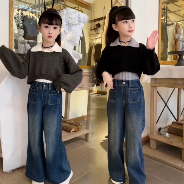 女童新款马甲真两件破洞毛衣牛仔阔腿裤套装