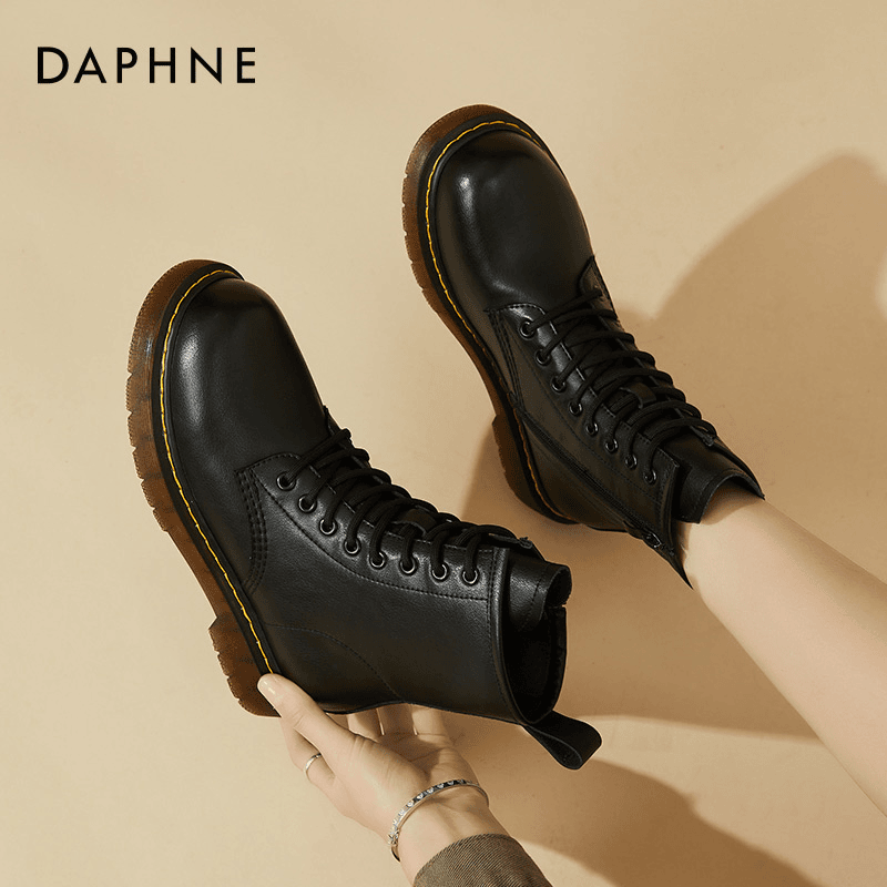 达芙妮厚底马丁靴女2024新款秋冬黑色平底工装靴百搭英伦软底短靴