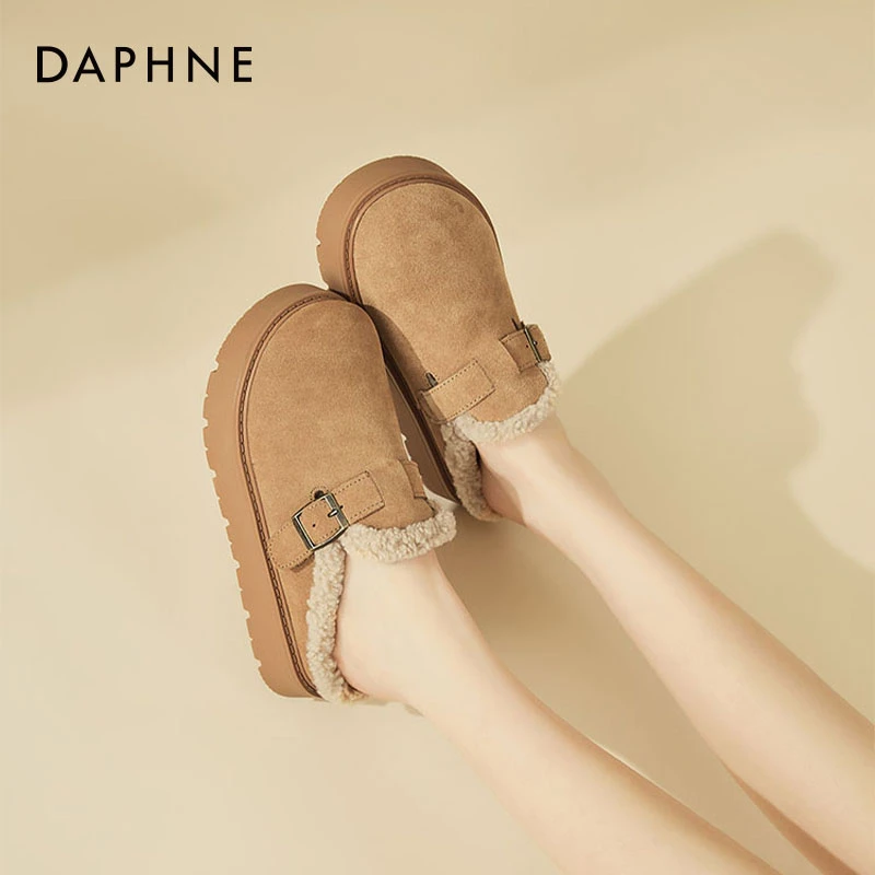 达芙妮真皮厚底半拖鞋女2025新款冬季加绒保暖软底外穿勃肯棉拖鞋