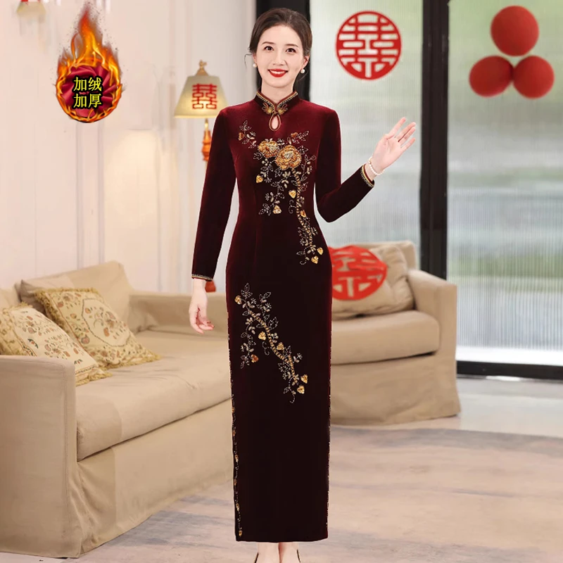 中国风金丝绒长款旗袍加绒气质女装喜婆婆喜妈妈婚宴礼服高贵秋冬