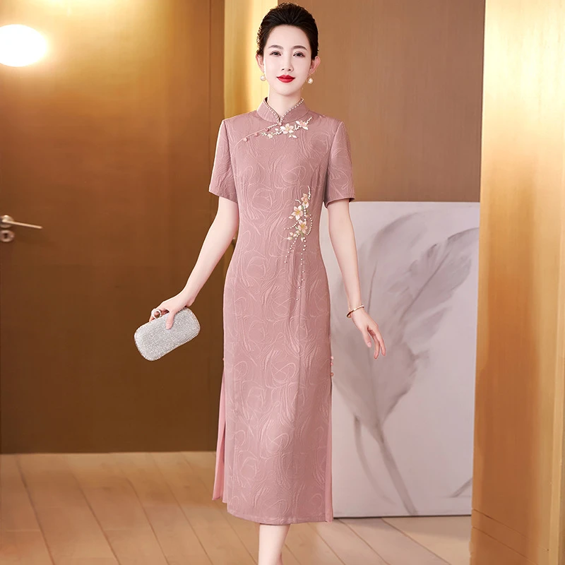 喜婆婆婚宴婚礼高贵妈妈夏装连衣裙中长款礼服宴会温柔粉色旗袍裙