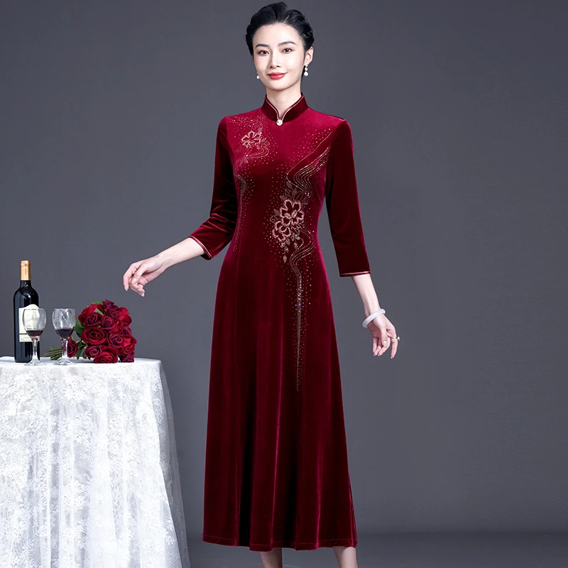 喜婆婆喜妈妈婚宴礼服高端金丝绒旗袍大摆裙2023秋装新款连衣裙