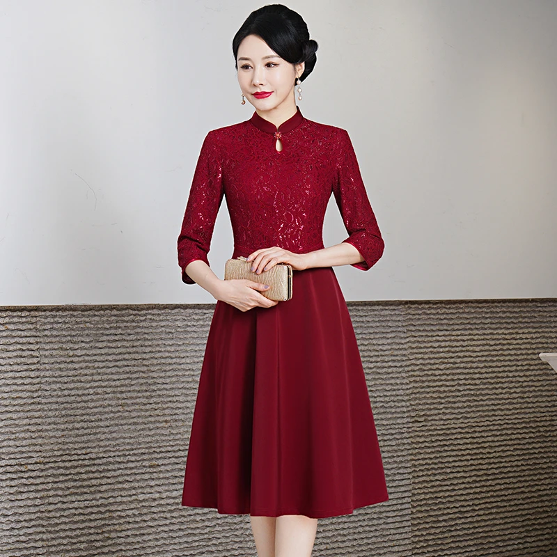 喜婆婆喜妈妈婚宴礼服遮肚子连衣裙蕾丝接拼缎面婚庆服装高贵