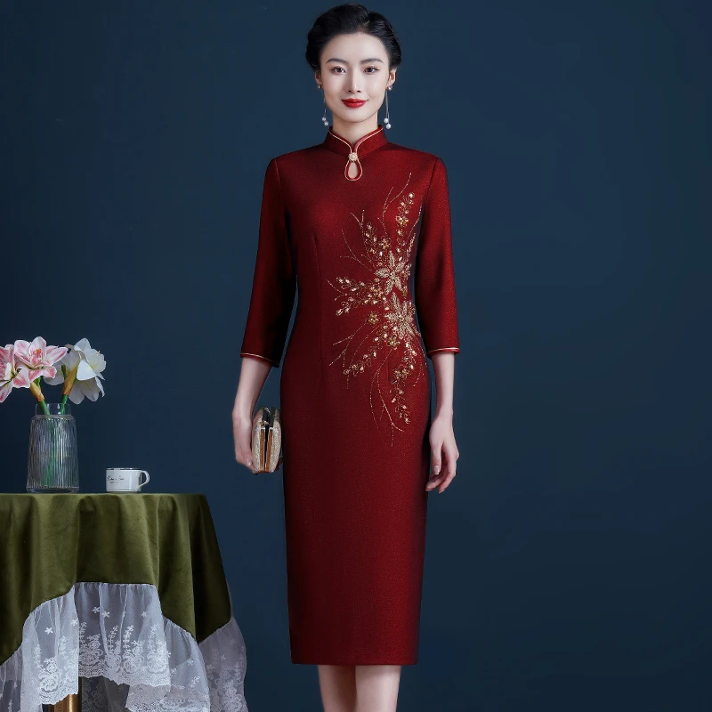 喜婆婆改良旗袍婚庆喜妈妈装连衣裙厚婚宴礼服长款春秋装