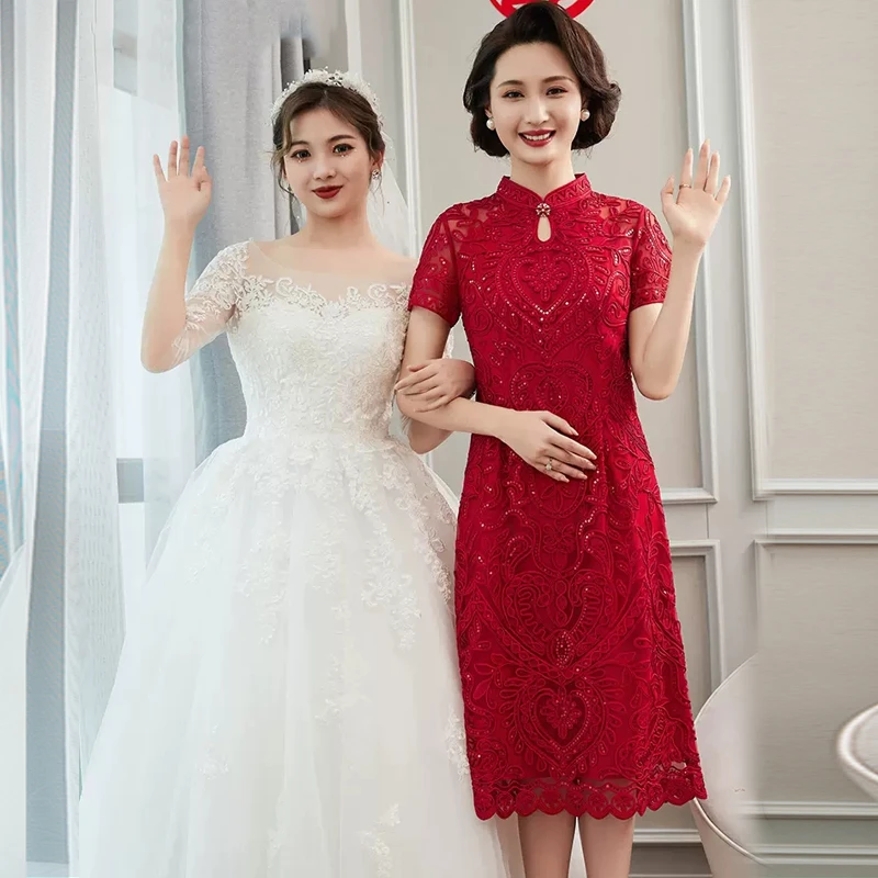 年轻喜婆婆婚宴礼服刺绣改良旗袍妈连衣裙结婚礼妈妈高贵夏装