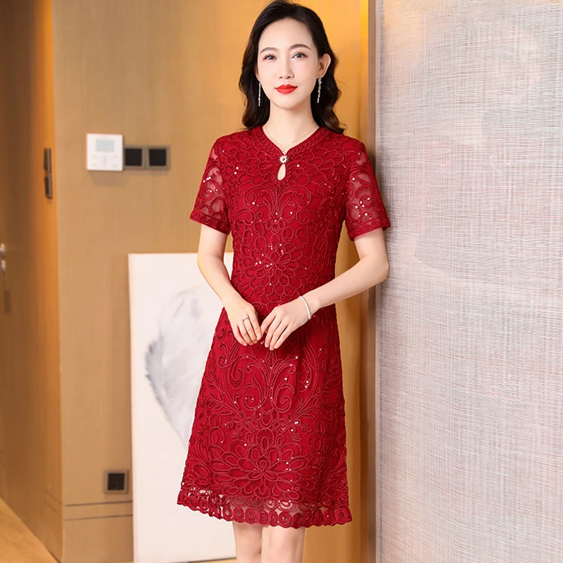 小个子喜婆婆喜妈妈夏季婚宴礼服网纱刺绣连衣裙显瘦裙子时尚修身