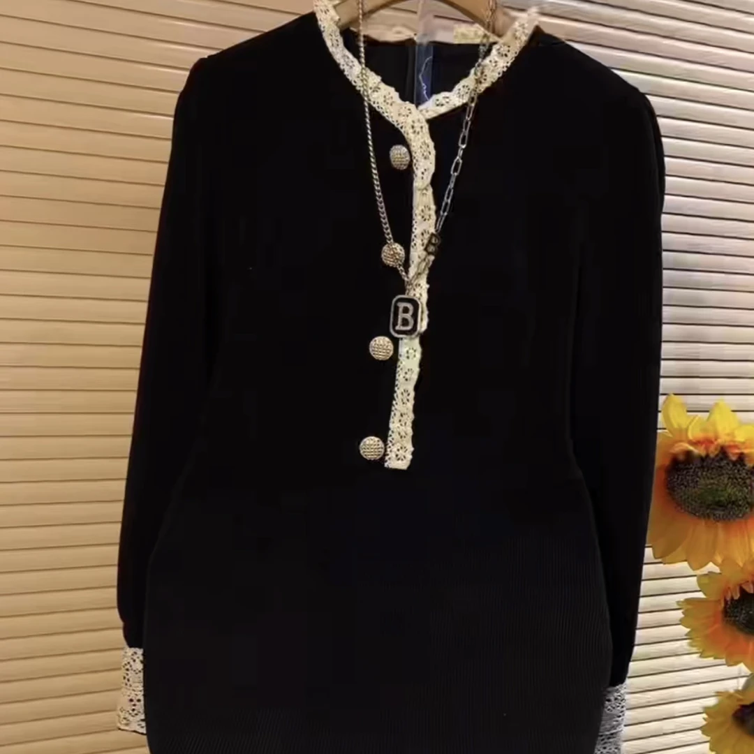 D欧货时尚新款镂空花边拼接气质显瘦连衣裙