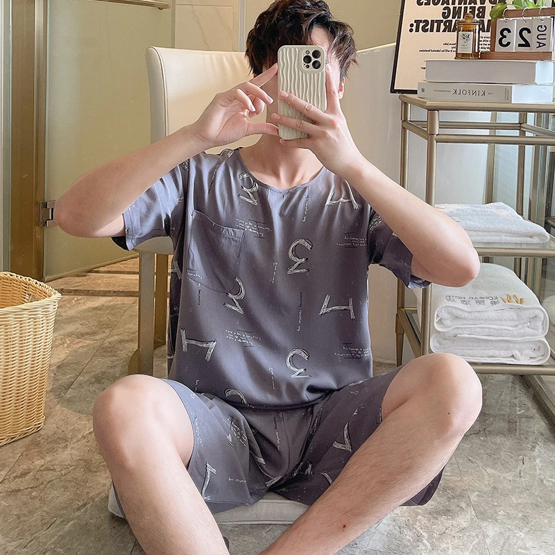 夏季男士睡衣套装绵绸空调家居服薄款加肥加大码男薄款印花两件套