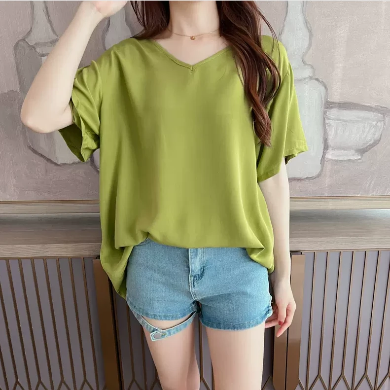 棉绸睡衣女士夏季纯色短袖绵绸上衣t恤单件大码人造棉家居服女款