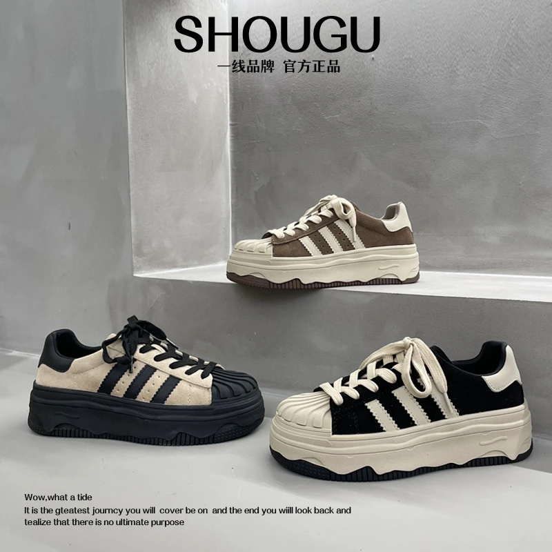shougu/首谷新款贝壳头时尚休闲百搭真皮复古厚底ins小白鞋板鞋