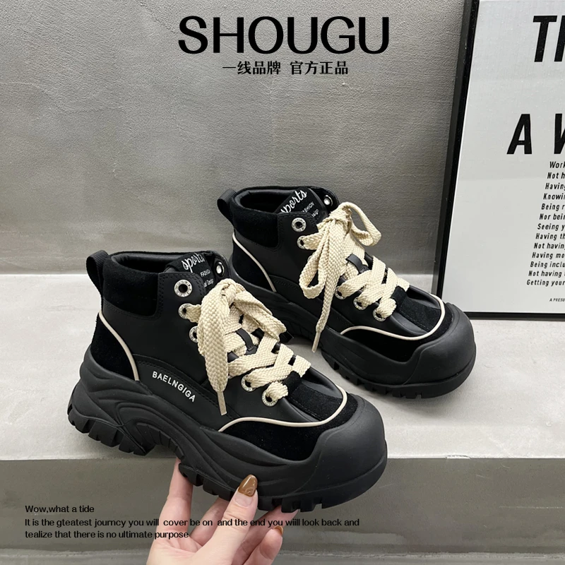 shougu/首谷2023冬季新款原宿风真皮厚底高帮系带时尚休闲女鞋潮