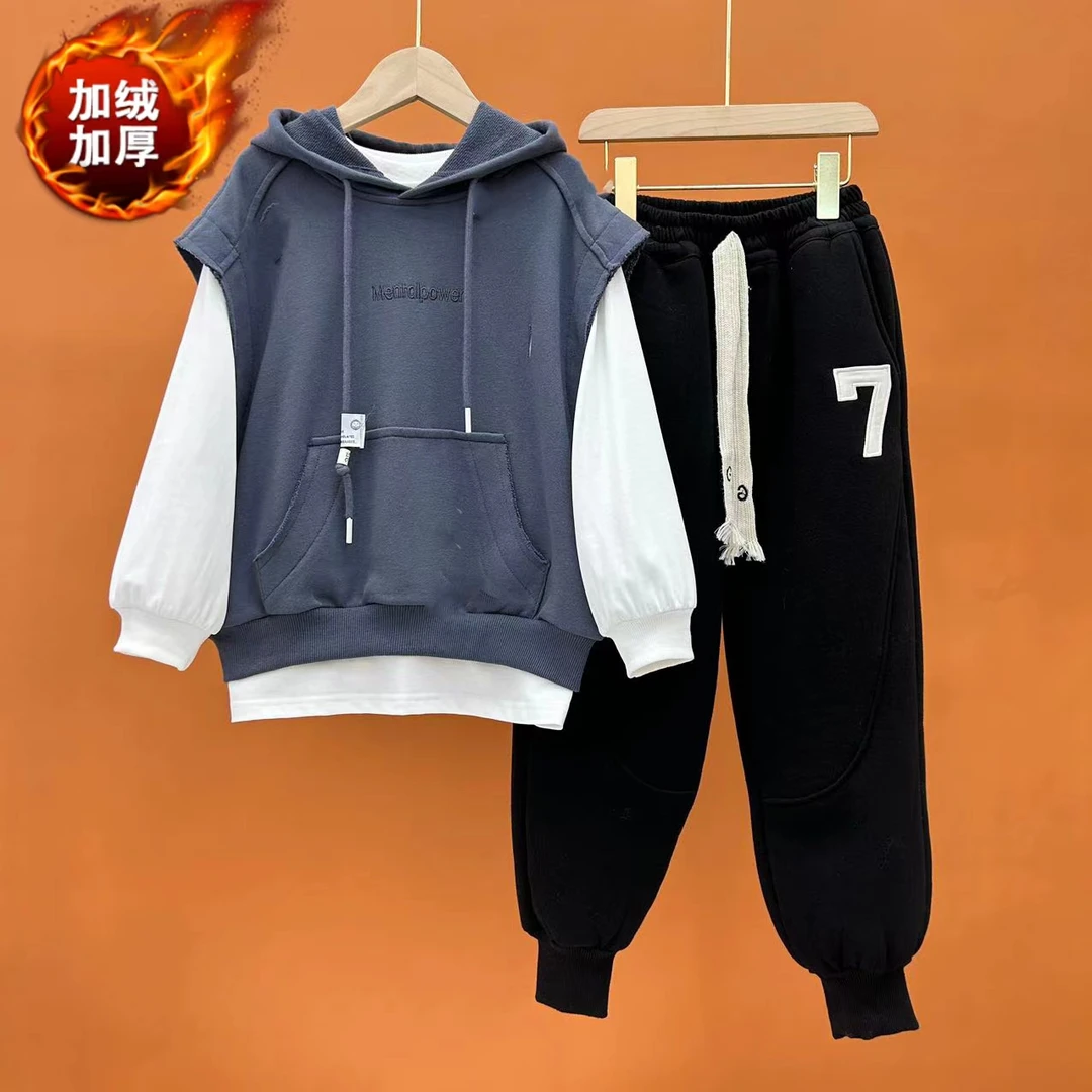 现货年服冬装男女童加厚加绒卫衣套装中大童一体绒上衣亲子装