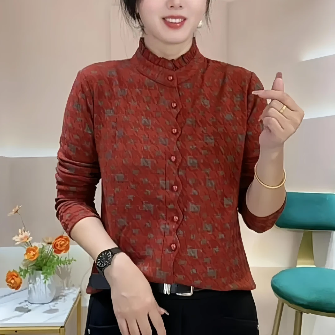 妈妈装秋冬新品时尚洋气百搭木耳边长袖打底衫女士加绒保暖上衣