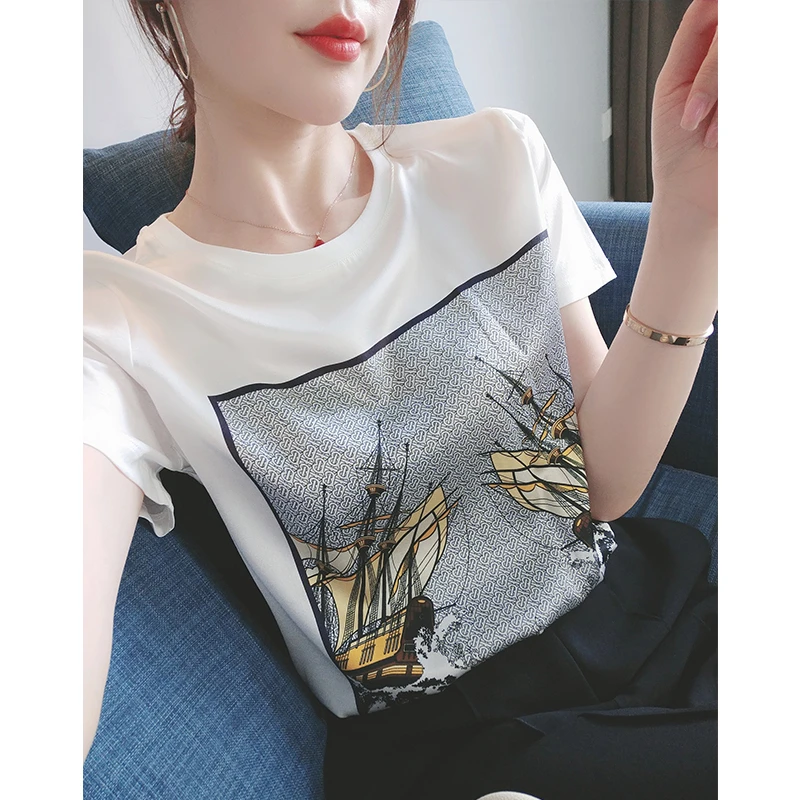 1250夏滑缎面冰凉感百搭时尚印花休闲女半袖T恤洋气AB拼接短袖