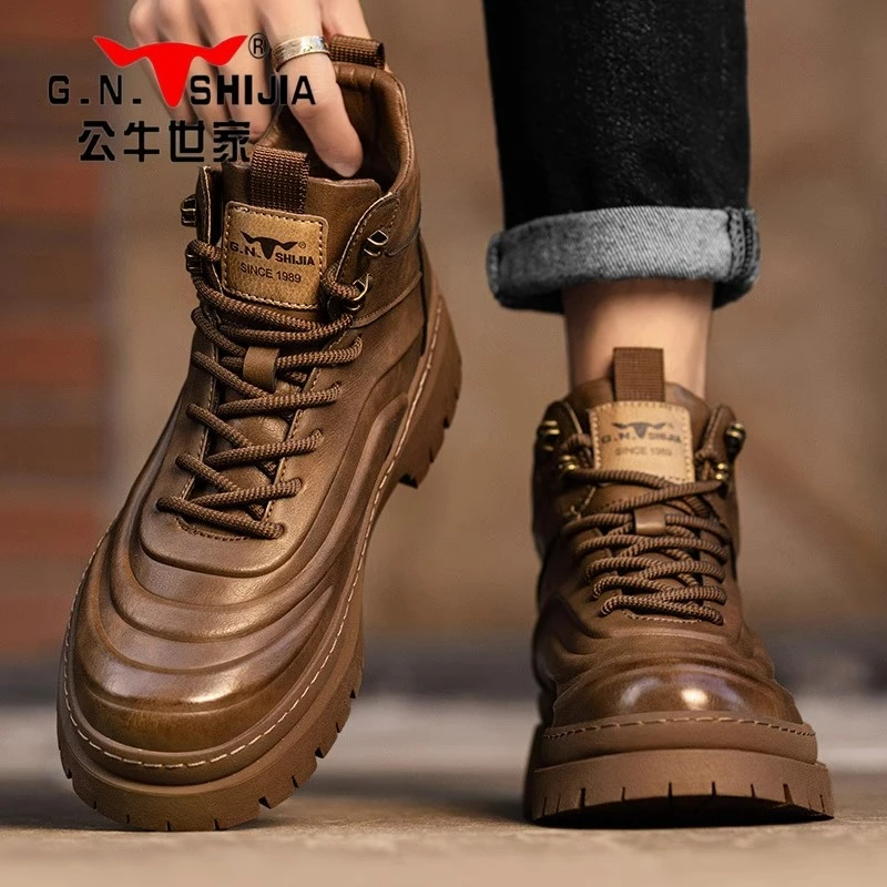 公牛世家高端马丁靴男冬季新款高帮男鞋真皮工装短靴厚底增高皮鞋