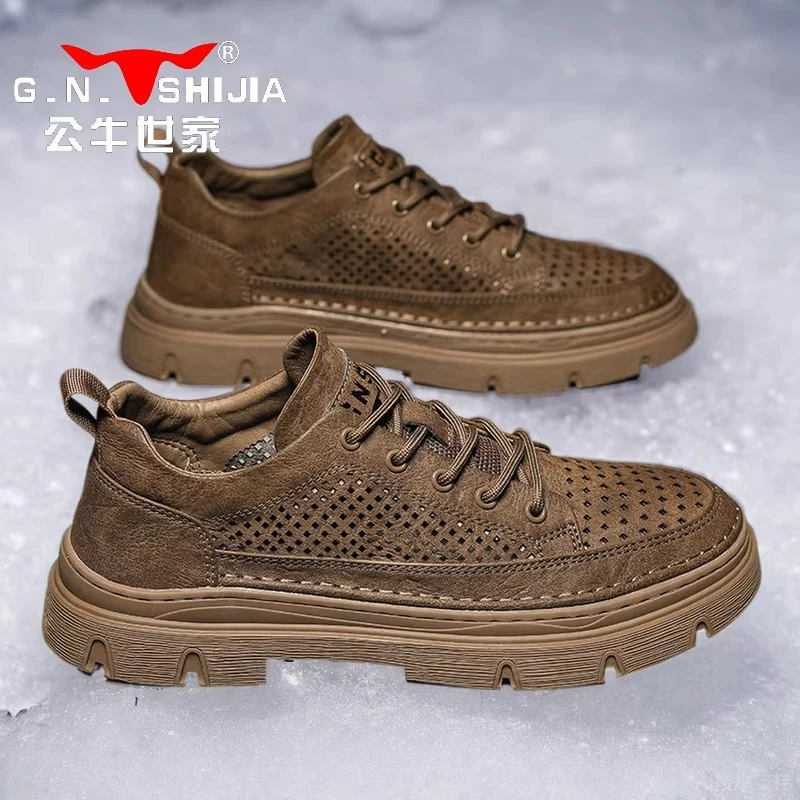 公牛世家男鞋夏季镂空透气英伦风正装商务休闲鞋棕色皮鞋软皮板鞋