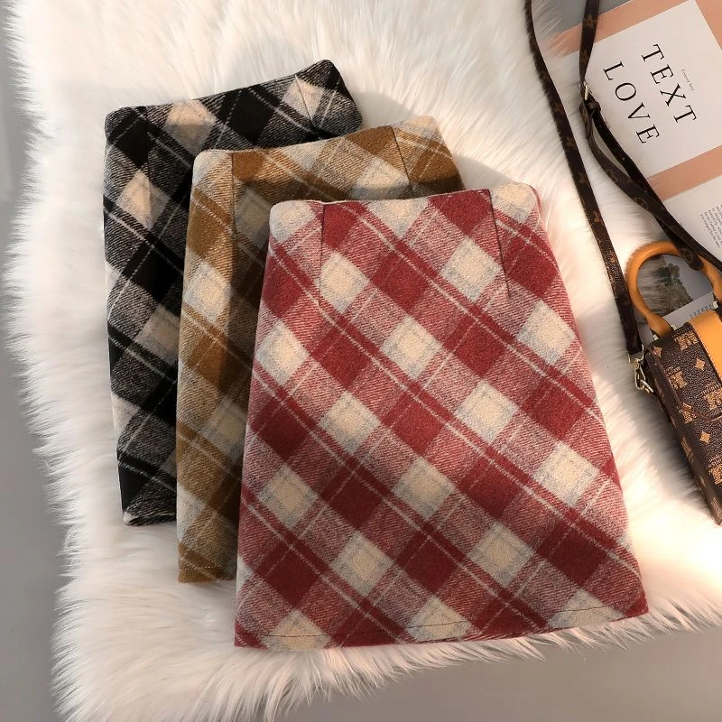 毛呢格子半身裙女2025秋冬新款小个子高腰显瘦百搭包臀a字短裙子