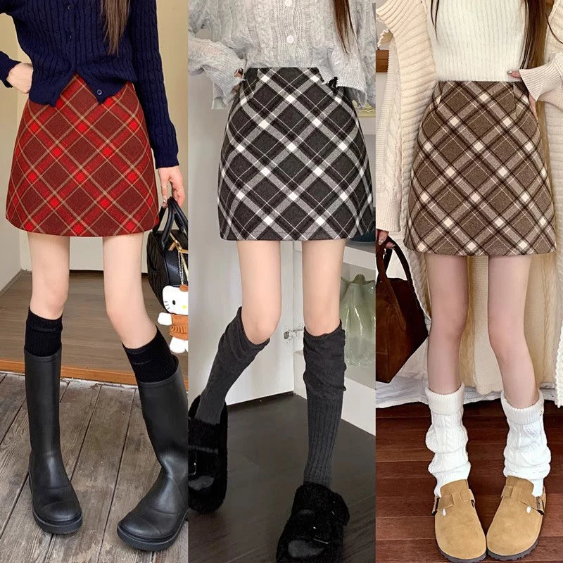 复古格子半身裙女秋冬新款红色毛呢包臀裙a字高腰显瘦格纹短裙子