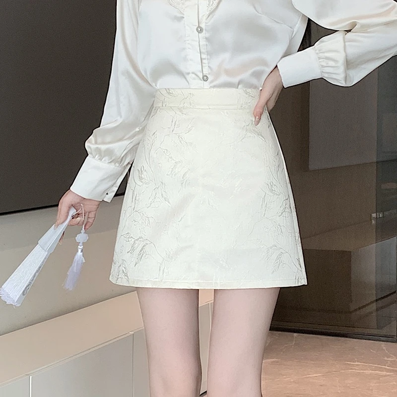 夏季2024新款小个子高腰显瘦短裙防走光A字裙新中式提花半身裙女