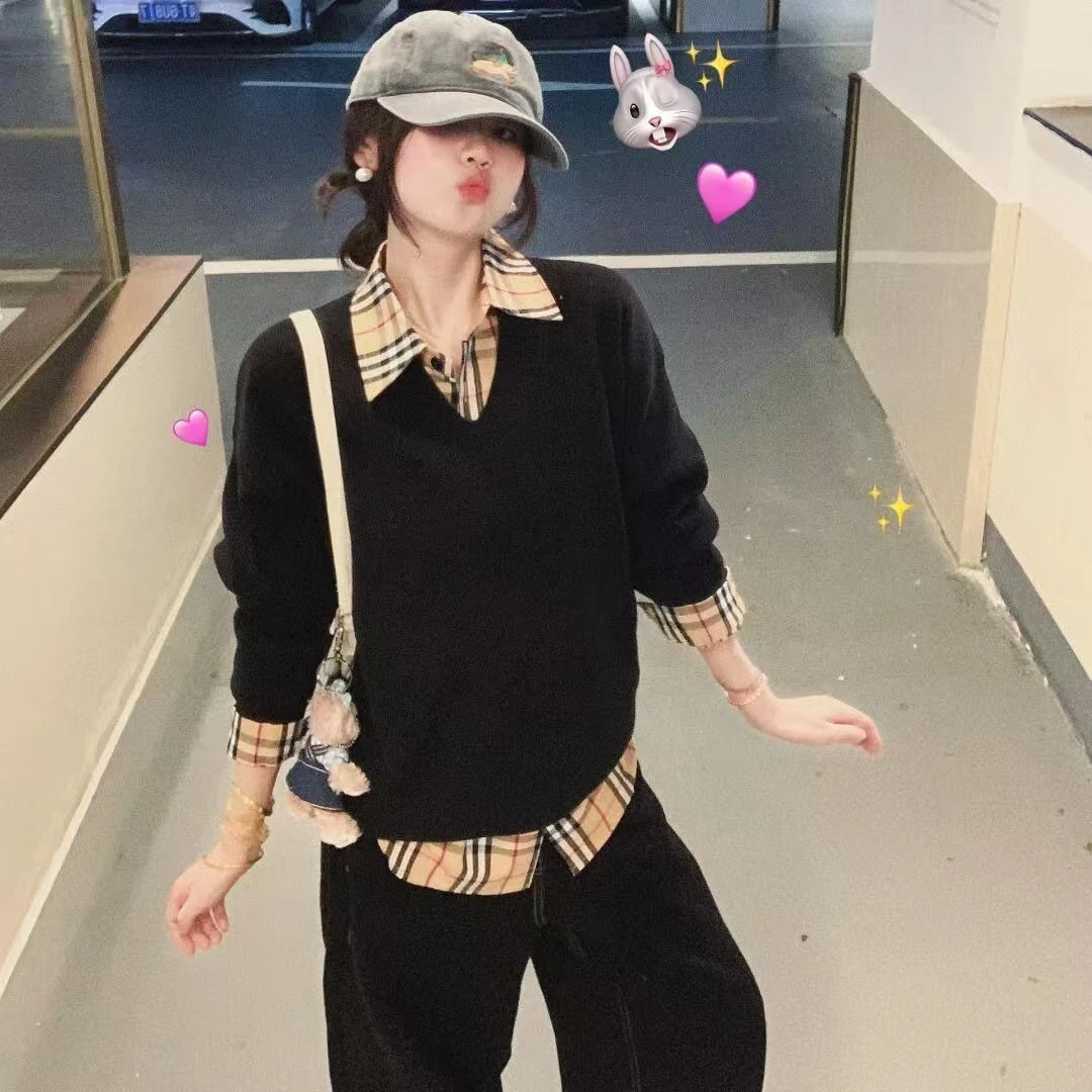 陆笙好韩系百搭复古格仔假两件拼接潮流卫衣夏季慵懒风长袖上衣