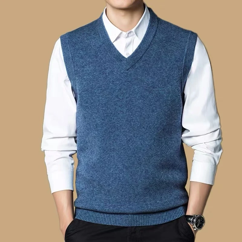 2024纯色羊毛背心男V领套头宽松百搭坎肩保暖针织马甲毛衣