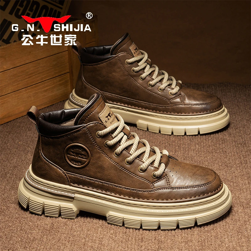 公牛世家马丁靴男秋冬高帮工装男鞋英伦风厚底增高复古休闲潮靴子