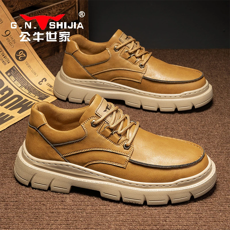 公牛世家皮鞋男秋冬复古工装厚底板鞋英伦商务休闲低帮马丁靴男士