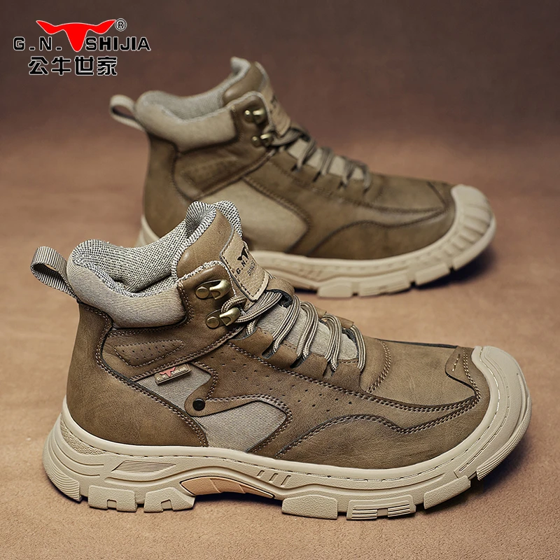 公牛世家男鞋秋冬复古英伦风高帮马丁靴男加绒保暖户外登山工装鞋