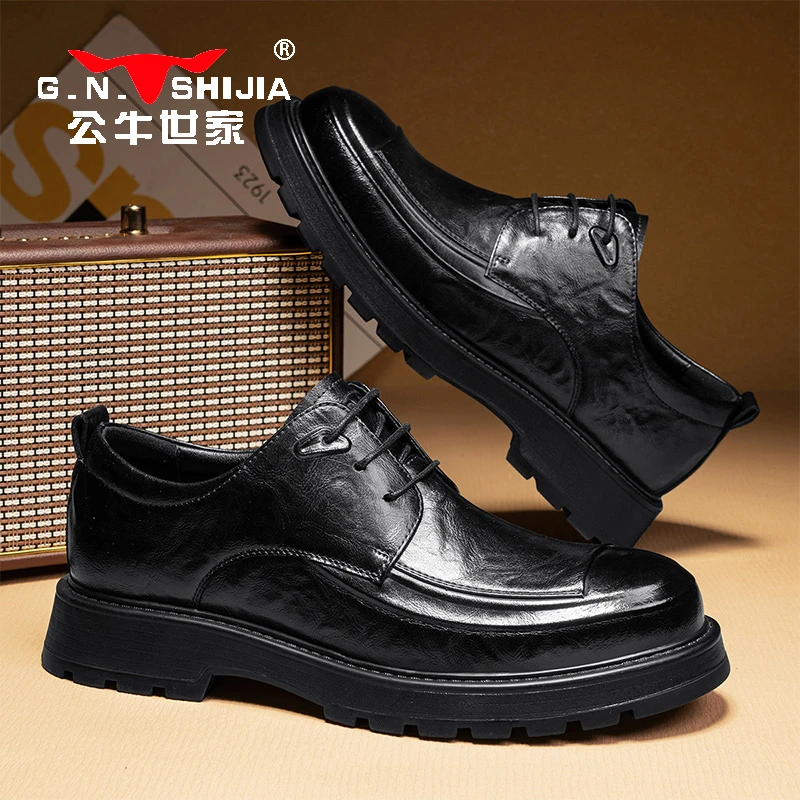 公牛世家男鞋秋冬复古厚底工装休闲皮鞋男士黑色工作商务德比鞋男