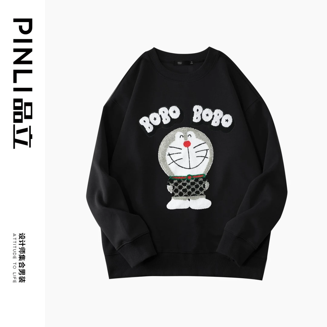 PINLI品立秋装圆领叮当猫毛巾绣卫衣BG223209023