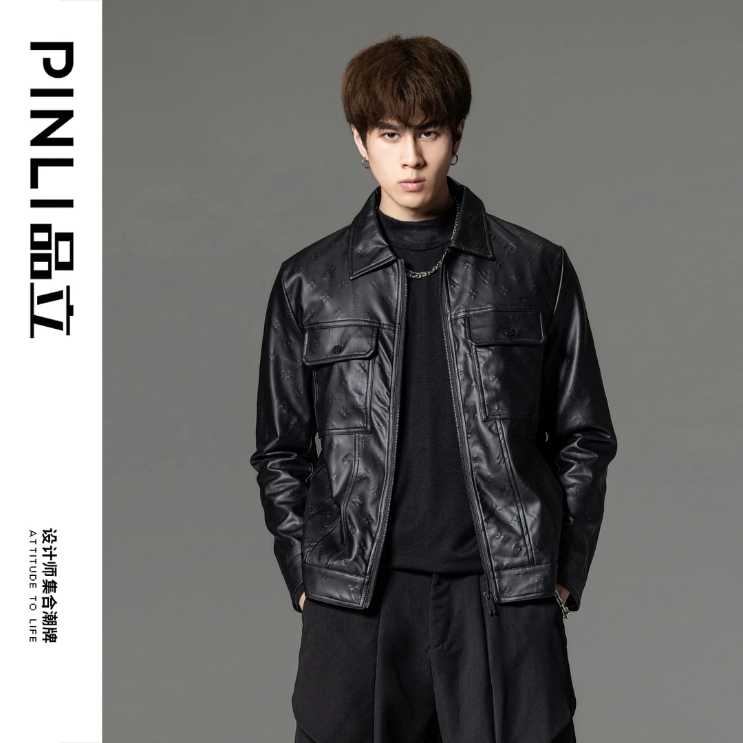 （3-5天发货）PINLI品立秋季机车男翻领PU皮夹克外套GD233204107