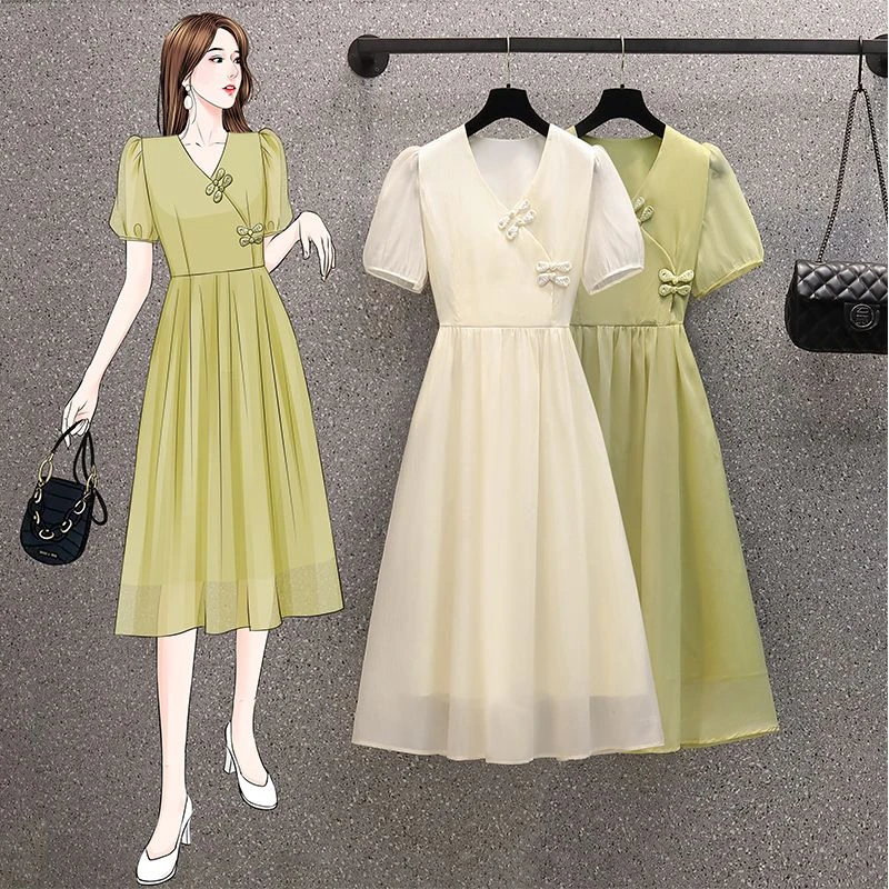 大码女装中国风盘扣高腰连衣裙2024年夏装新款胖领显瘦字裙子时尚