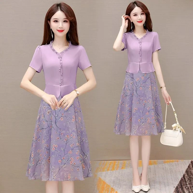 假两件连衣裙女2024夏季新款今年流行气质妈妈收腰显瘦拼接裙子潮