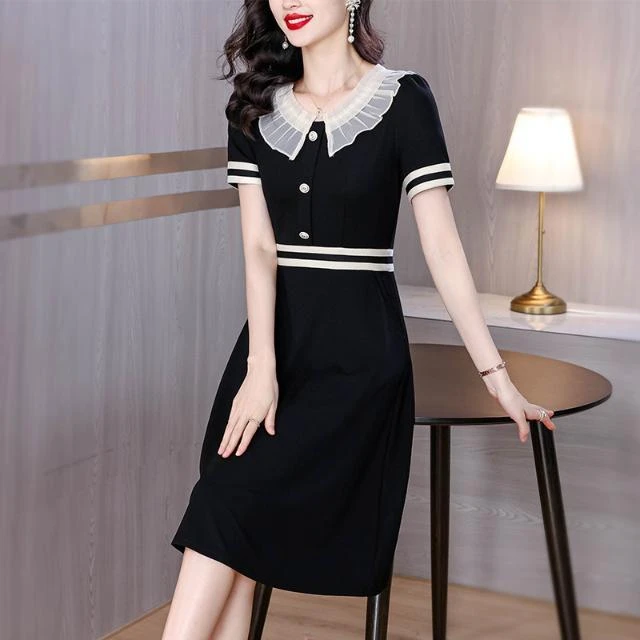 黑色娃娃领短袖连衣裙夏季2024新款气质精致拼色收腰显瘦裙子