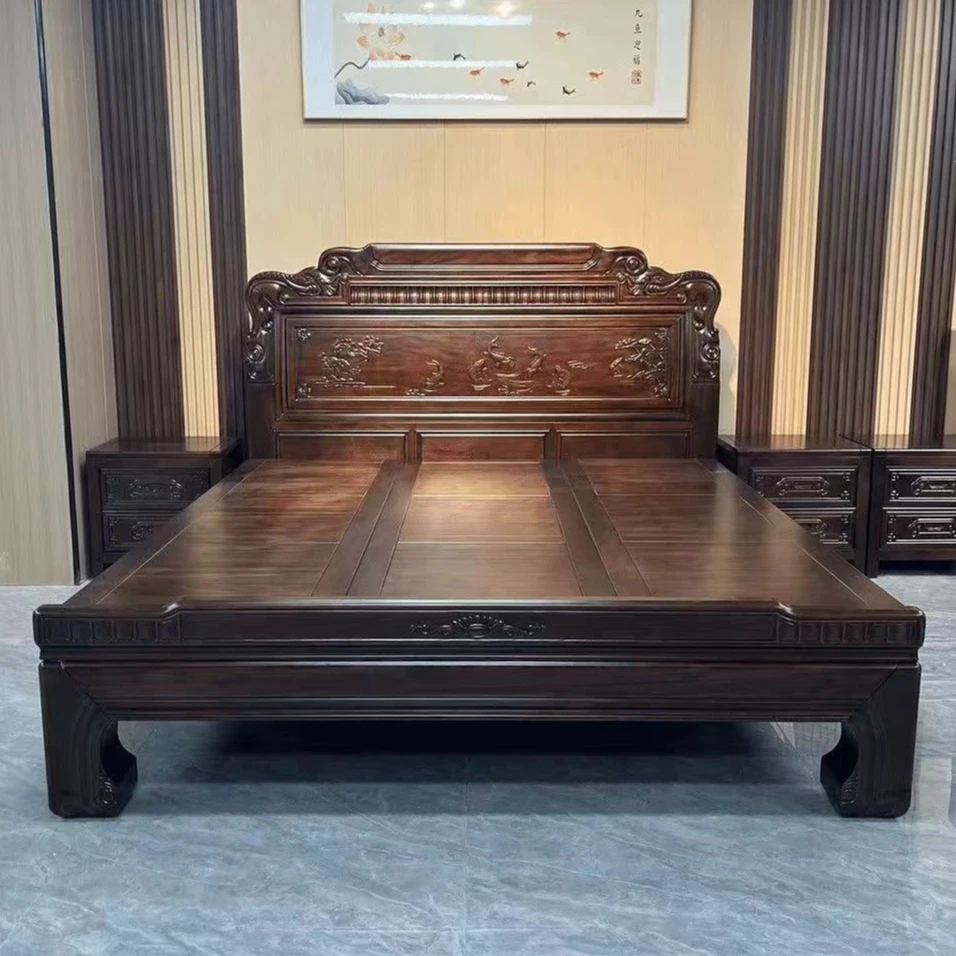 榫卯全实木床【荷塘月色】古典雕花主卧床南美檀1.8米中式双人大床