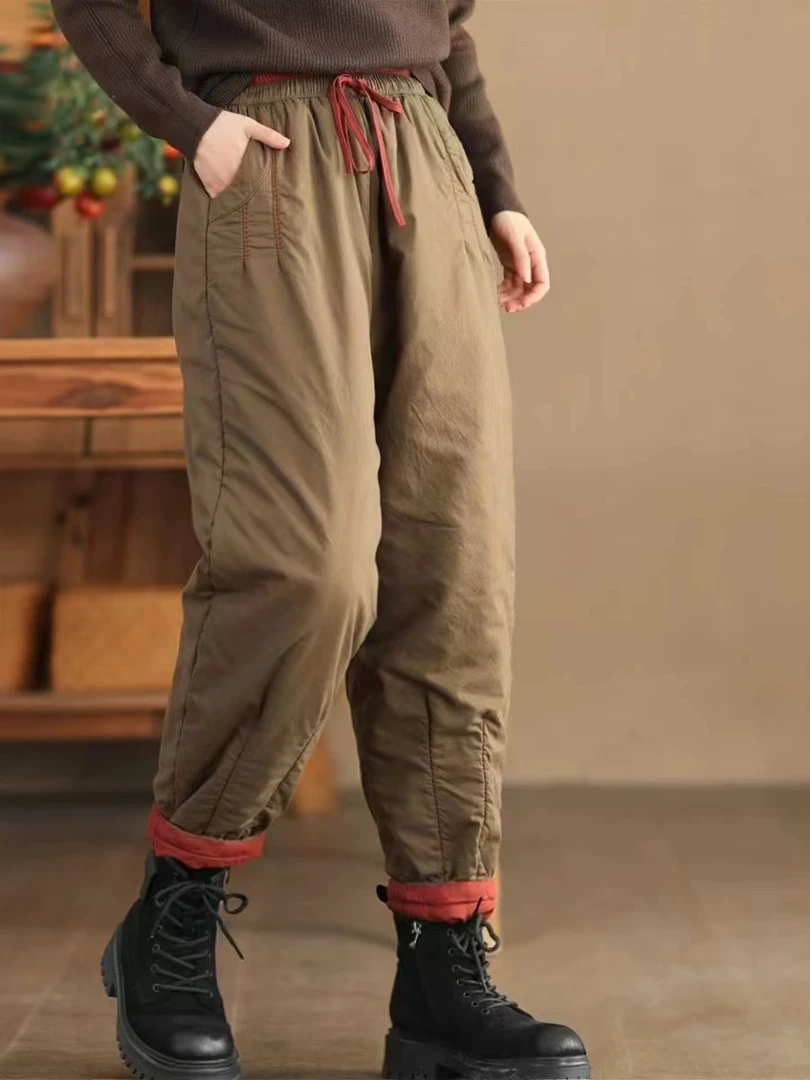 8008冬季加厚拼色宽松松紧腰夹棉保暖哈伦裤女长裤