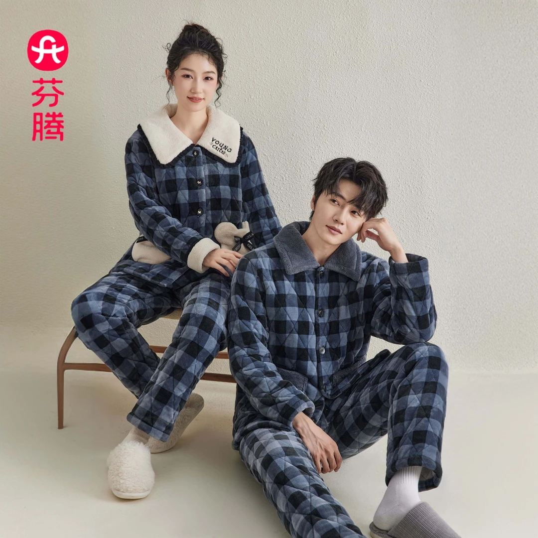芬腾睡衣情侣法兰绒加厚加绒三层夹棉保暖珊瑚绒秋冬款家居服套装