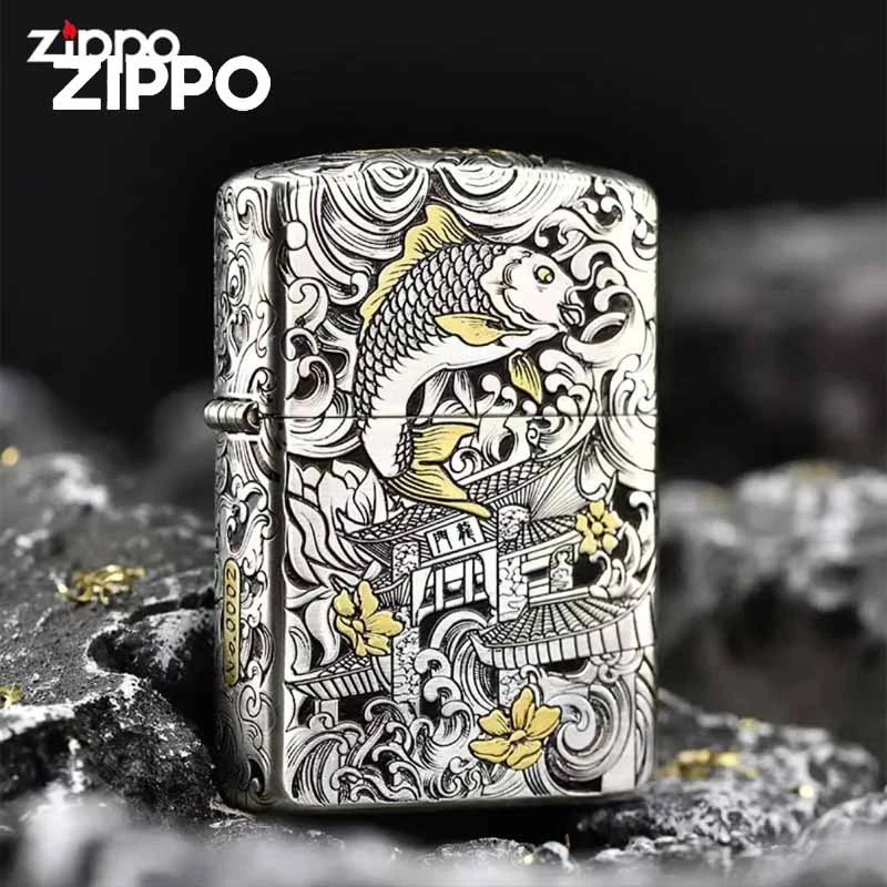 ZIPPO打火机S925银盔甲镶24K鱼跃龙门高档商务礼物防风DY9818JY