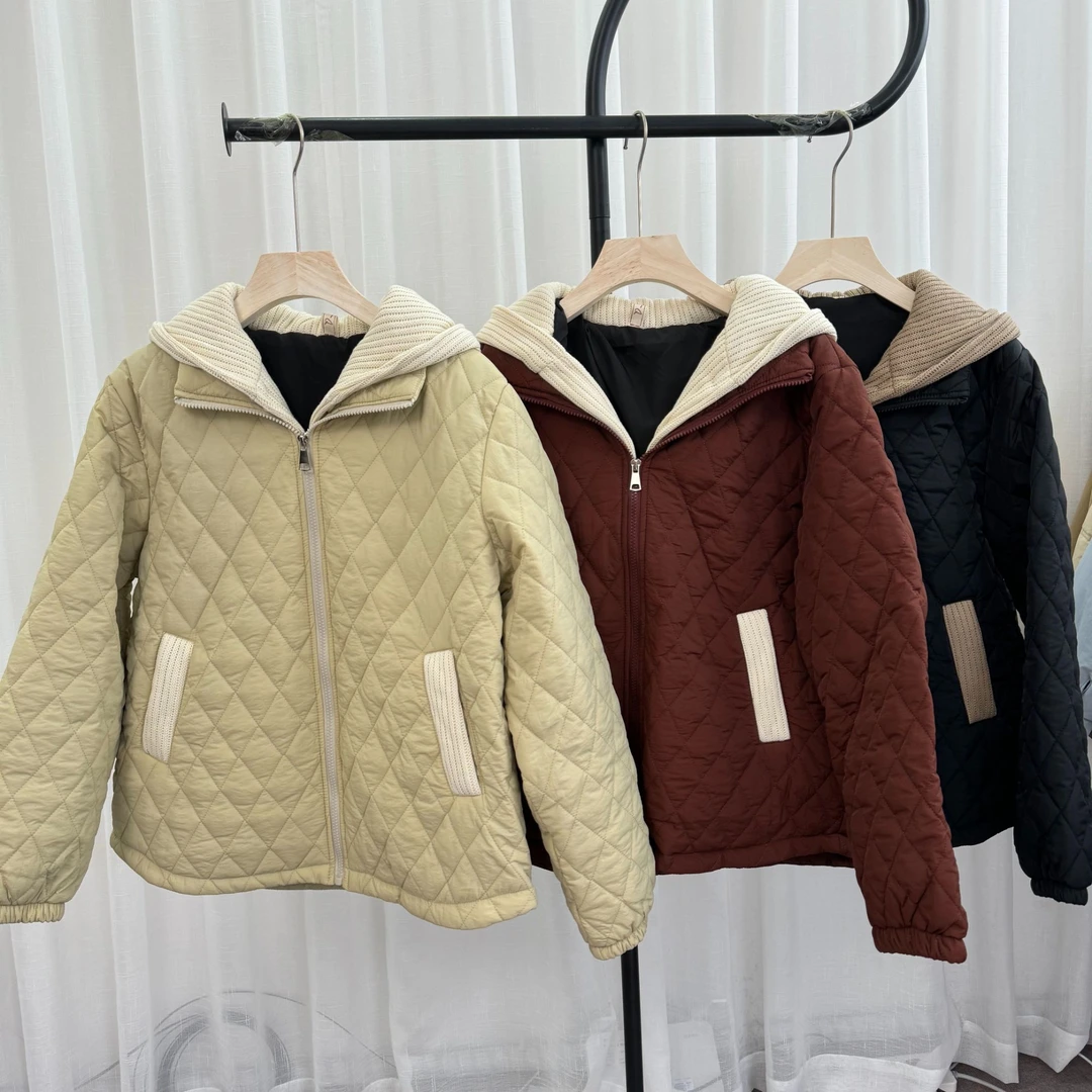 欧货2024宽松文艺休闲菱形格羽绒棉服连帽拼接假两件棉衣夹棉外套