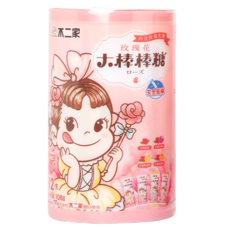 不二家官方旗舰店玫瑰味大棒棒糖12支桶装糖果女生零食喜糖浪漫