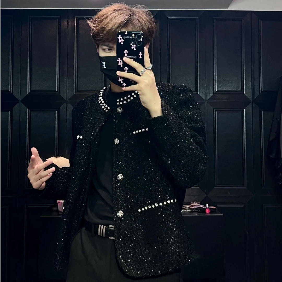 L-YIHANG【26秋冬新品】高级感定制闪钻珍珠扣垫肩宽松小香风男967