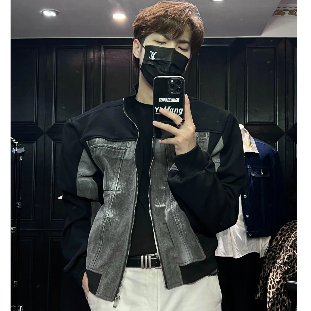 L-YIHANG【24秋冬新品】INS休闲卫衣拼接水洗牛仔垫肩宽松夹克z2121