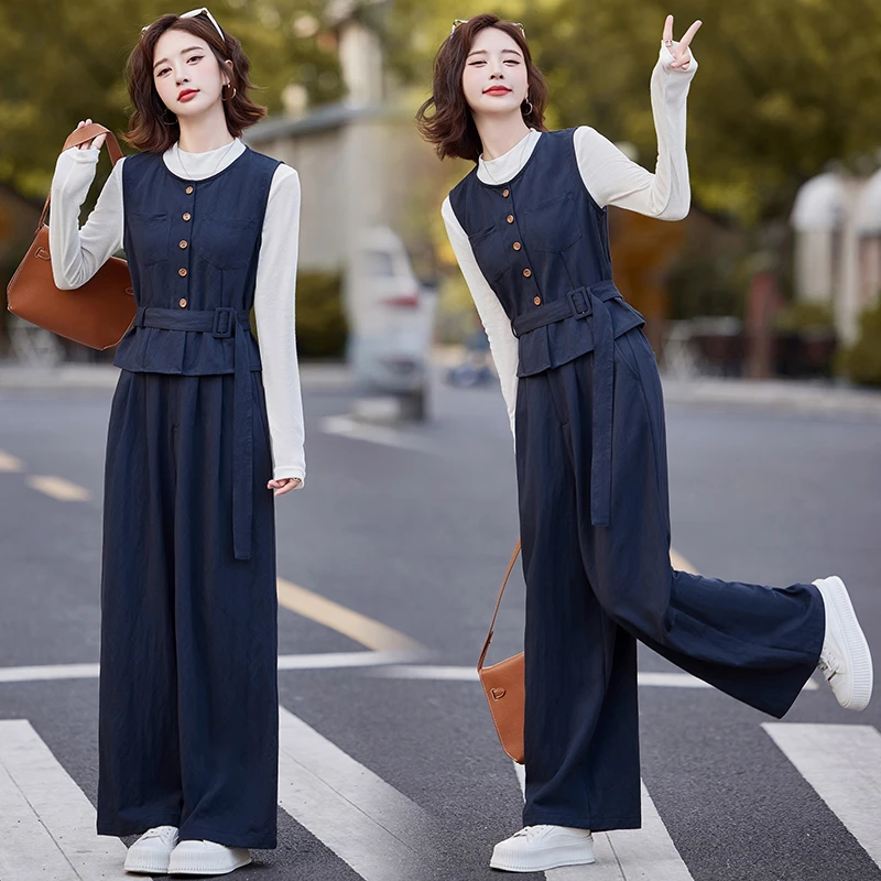 三件套休闲时尚牛仔套装女2025新款高级感气质出游收腰显瘦阔腿裤