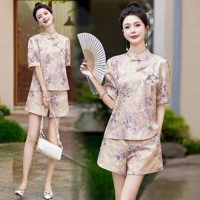 新中式提花短裤套装女2024夏季新款复古立领小个子显瘦印花两件套