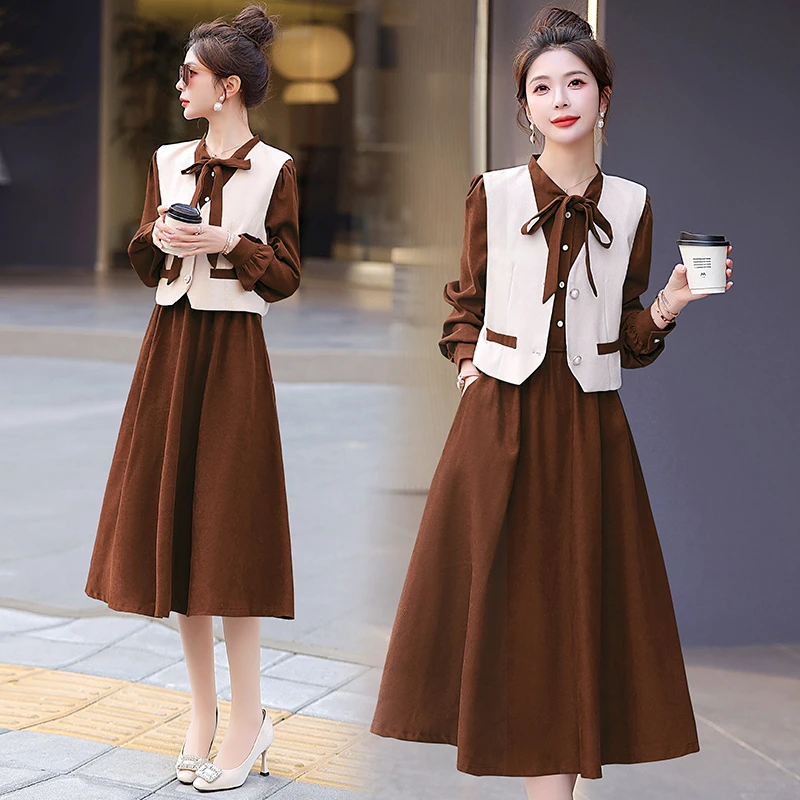 显瘦小个子套装女2025新年春秋新款女装时尚气质马甲连衣裙两件套